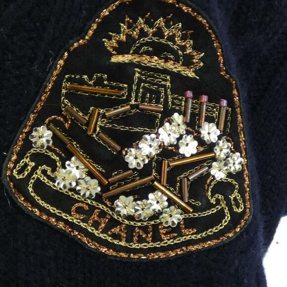 Authentic CHANEL Cashmere Logo Embroidered Preppy Cable Knit Jumper Pullover Top - Picture 4 of 9